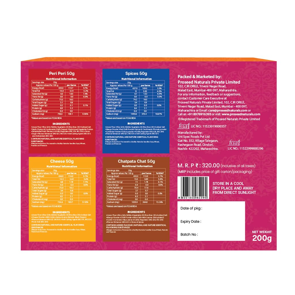 Proseed Jowar Puffs Gift Box (Spices, Cheese, Chatpata Chaat & Peri Peri) | 50g x 4 Packs (Total 200g) | Slow Roasted & 100% Veg | No Refined Flour, Sugar & Trans-Fat | Gluten Free | No Palm Oil(Pink)