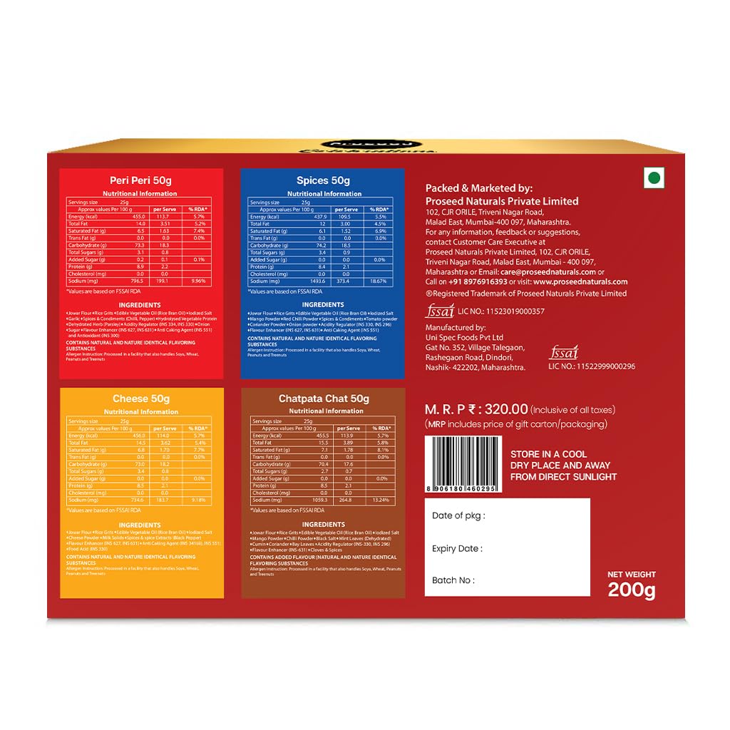 Proseed Jowar Puffs Gift Box (Cheese, Chatpata Chaat, Spices & Peri Peri) | 50g x 4 Packs (Total 200g) | Slow Roasted & 100% Veg | No Refined Flour, Sugar & Trans-Fat | Gluten Free | No Palm Oil (Red)