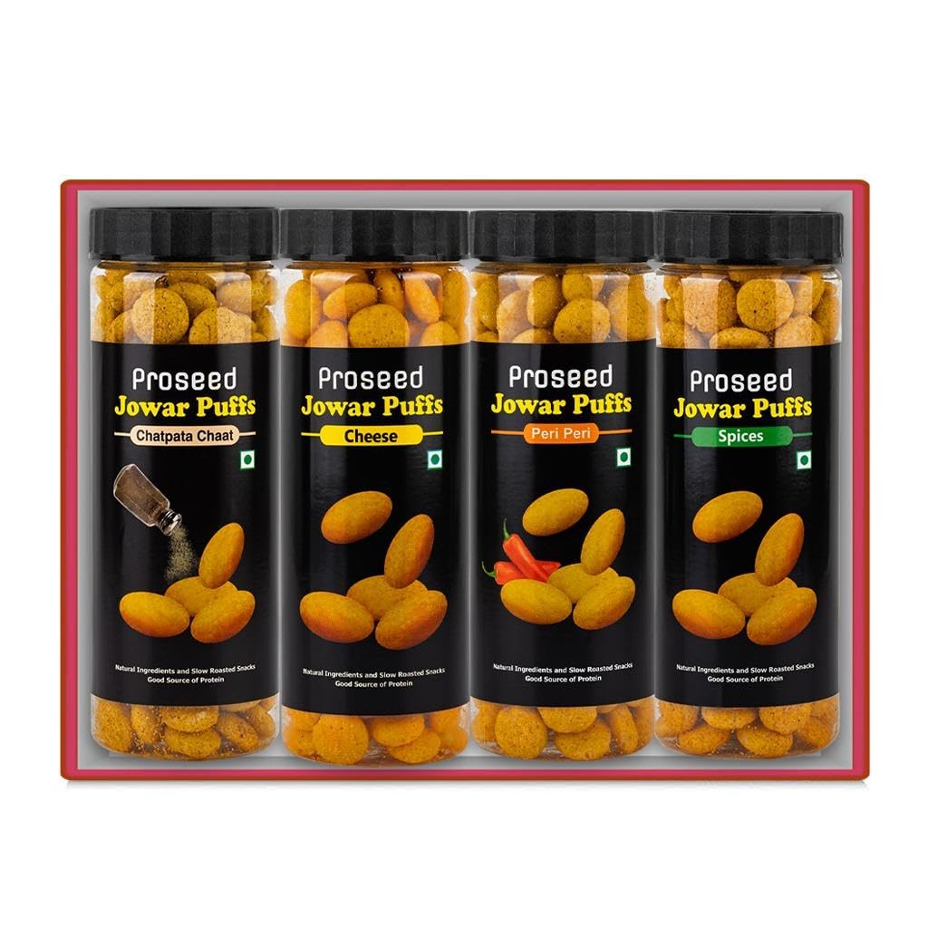 Proseed Jowar Puffs Gift Box (Spices, Cheese, Chatpata Chaat & Peri Peri) | 50g x 4 Packs (Total 200g) | Slow Roasted & 100% Veg | No Refined Flour, Sugar & Trans-Fat | Gluten Free | No Palm Oil(Pink)