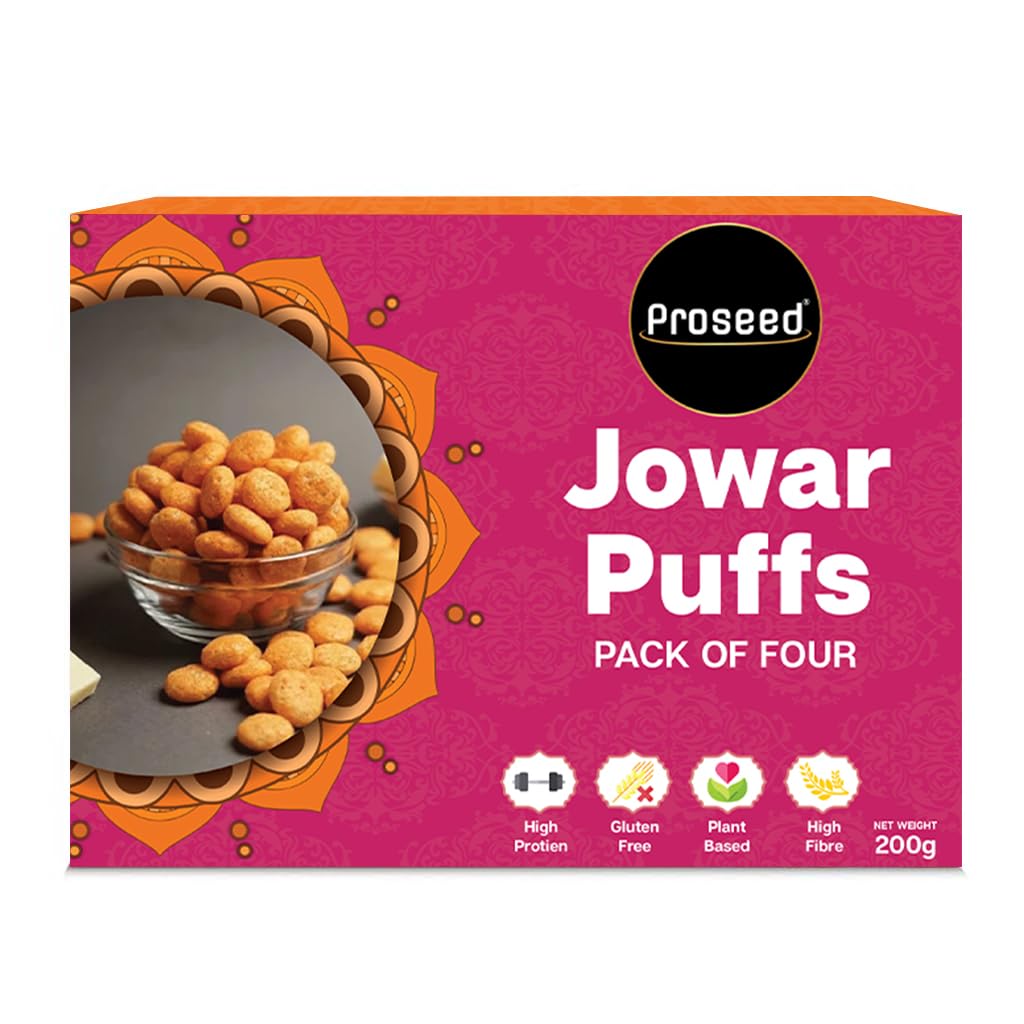 Proseed Jowar Puffs Gift Box (Spices, Cheese, Chatpata Chaat & Peri Peri) | 50g x 4 Packs (Total 200g) | Slow Roasted & 100% Veg | No Refined Flour, Sugar & Trans-Fat | Gluten Free | No Palm Oil(Pink)